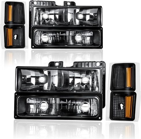 Headlights Assembly Fit 1994-1999 Chevrolet C/K 1500 2500 Suburban / C1500 C2500 C3500 K1500 K2500 K3500 / 1995-1999 Tahoe/for 1994 Chevy Blazer Black Housing Amber Reflector in Kuwait