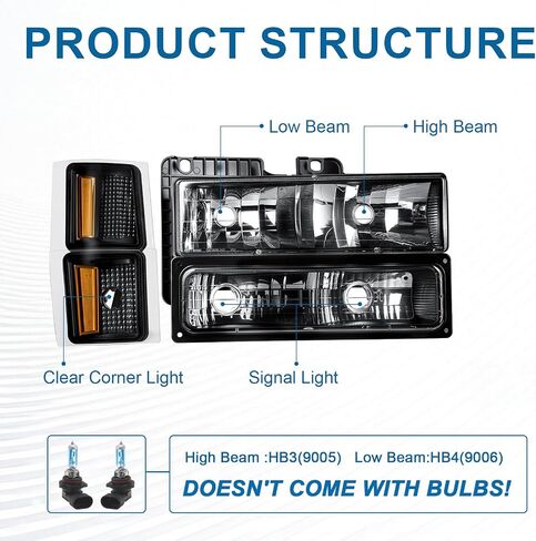 Headlights Assembly Fit 1994-1999 Chevrolet C/K 1500 2500 Suburban / C1500 C2500 C3500 K1500 K2500 K3500 / 1995-1999 Tahoe/for 1994 Chevy Blazer Black Housing Amber Reflector in Kuwait