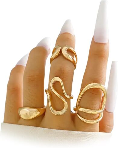 4Pcs Chunky Irregular Lava Rings Set,Trendy Plated Gold Geometric Metal Open Knuckle Ring,Charming Personalized Liquid Midi Ring Set for Women in Kuwait