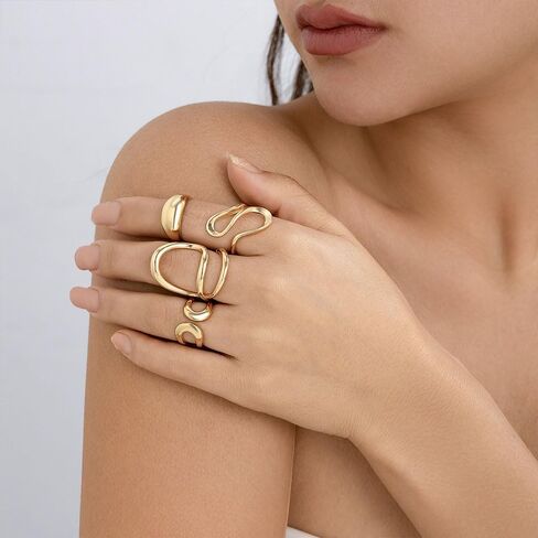 4Pcs Chunky Irregular Lava Rings Set,Trendy Plated Gold Geometric Metal Open Knuckle Ring,Charming Personalized Liquid Midi Ring Set for Women in Kuwait