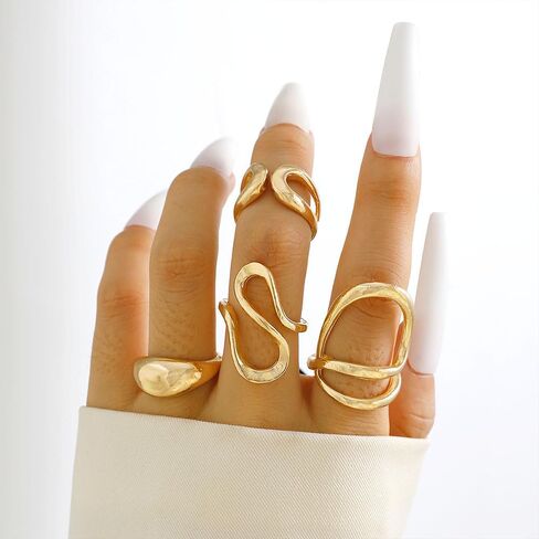 4Pcs Chunky Irregular Lava Rings Set,Trendy Plated Gold Geometric Metal Open Knuckle Ring,Charming Personalized Liquid Midi Ring Set for Women in Kuwait