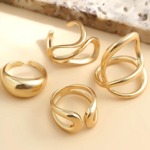 4Pcs Chunky Irregular Lava Rings Set,Trendy Plated Gold Geometric Metal Open Knuckle Ring,Charming Personalized Liquid Midi Ring Set for Women in Kuwait