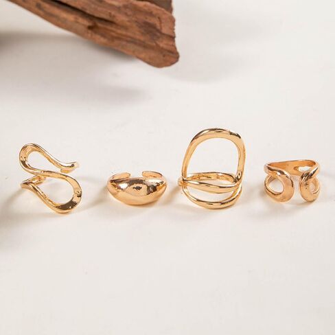 4Pcs Chunky Irregular Lava Rings Set,Trendy Plated Gold Geometric Metal Open Knuckle Ring,Charming Personalized Liquid Midi Ring Set for Women in Kuwait