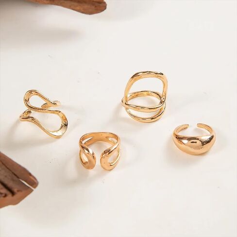 4Pcs Chunky Irregular Lava Rings Set,Trendy Plated Gold Geometric Metal Open Knuckle Ring,Charming Personalized Liquid Midi Ring Set for Women in Kuwait