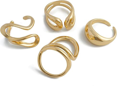 4Pcs Chunky Irregular Lava Rings Set,Trendy Plated Gold Geometric Metal Open Knuckle Ring,Charming Personalized Liquid Midi Ring Set for Women in Kuwait