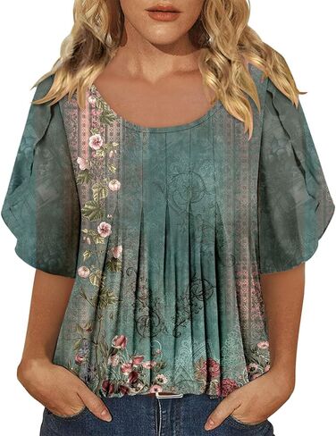 onlypuff Womens Double Layered Tunic Tops Half Sleeve Floral Double Layered Sheer Flowy Blouse Round/V Neck Casual Shirts in Kuwait