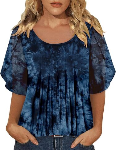 onlypuff Womens Double Layered Tunic Tops Half Sleeve Floral Double Layered Sheer Flowy Blouse Round/V Neck Casual Shirts in Kuwait