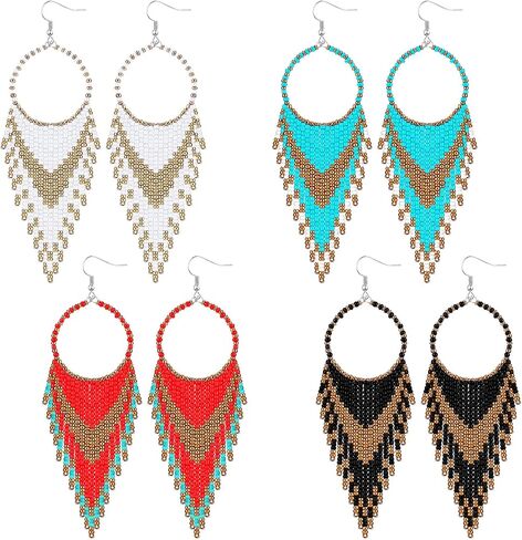 BBTO 4 PCS Long Hoded Tassel أقراط بوهيميا ملونة أصلية مصنوعة يدويًا ، أقراط قطرة قطرة بوهو دولينج للنساء (اللون الأنيق) in Saudi Arabia
