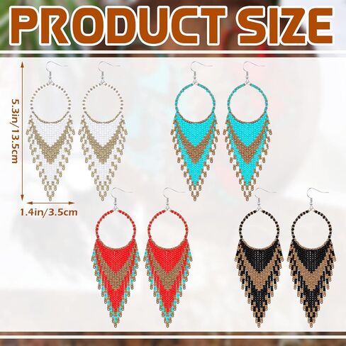 BBTO 4 PCS Long Hoded Tassel أقراط بوهيميا ملونة أصلية مصنوعة يدويًا ، أقراط قطرة قطرة بوهو دولينج للنساء (اللون الأنيق) in Saudi Arabia