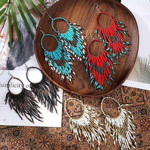 BBTO 4 PCS Long Hoded Tassel أقراط بوهيميا ملونة أصلية مصنوعة يدويًا ، أقراط قطرة قطرة بوهو دولينج للنساء (اللون الأنيق) in Saudi Arabia