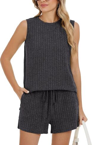 Locube Women's Pajama pajama مجموعة من الدبابات المضلعة وسروال الرباط مع جيوب ، مجموعة صالة ناعم مريح ملابس النوم in Kuwait