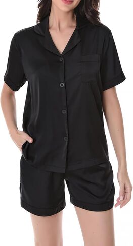 David Archy Satin Pajama مجموعة للنساء 2 قطعة ناعمة الصيف نوم سمين الأكمام قصيرة زر أسفل شورتات حريرية خفيفة الوزن PJ in Kuwait
