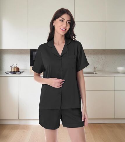 David Archy Satin Pajama مجموعة للنساء 2 قطعة ناعمة الصيف نوم سمين الأكمام قصيرة زر أسفل شورتات حريرية خفيفة الوزن PJ in Kuwait