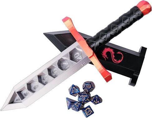 3D BEST-Q Dice Sword Holder (Dragon-Patterned 7PCS D20 Dice Set Included), Custom Polyhedral Dice Storage for Tabletop RPG - Dungeons and Dragons - DND - D&D (Purple&Blue) in Kuwait