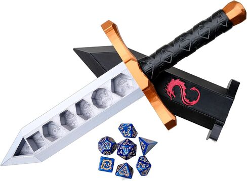 3D BEST-Q Dice Sword Holder (Dragon-Patterned 7PCS D20 Dice Set Included), Custom Polyhedral Dice Storage for Tabletop RPG - Dungeons and Dragons - DND - D&D (Purple&Blue) in Kuwait