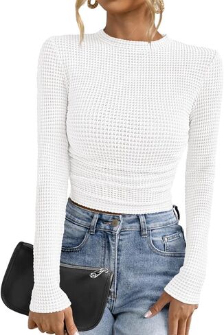 PRETTYGARDEN Womens Tops 2025 Fall Long Sleeve Fitted T Shirts Waffle Ruched Crop Shirt Basic Knit Workout Y2k Clothes in Saudi Arabia