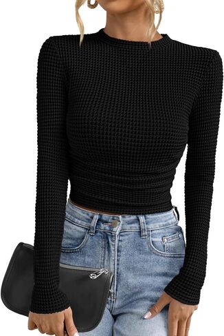 PRETTYGARDEN Womens Tops 2025 Fall Long Sleeve Fitted T Shirts Waffle Ruched Crop Shirt Basic Knit Workout Y2k Clothes in Saudi Arabia