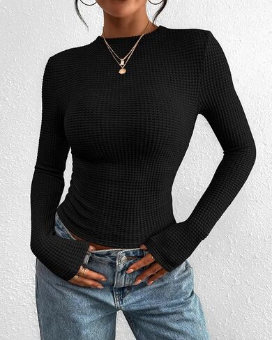 PRETTYGARDEN Womens Tops 2025 Fall Long Sleeve Fitted T Shirts Waffle Ruched Crop Shirt Basic Knit Workout Y2k Clothes in Saudi Arabia