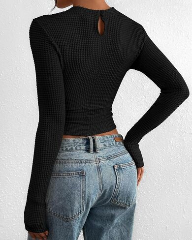 PRETTYGARDEN Womens Tops 2025 Fall Long Sleeve Fitted T Shirts Waffle Ruched Crop Shirt Basic Knit Workout Y2k Clothes in Saudi Arabia