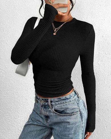 PRETTYGARDEN Womens Tops 2025 Fall Long Sleeve Fitted T Shirts Waffle Ruched Crop Shirt Basic Knit Workout Y2k Clothes in Saudi Arabia
