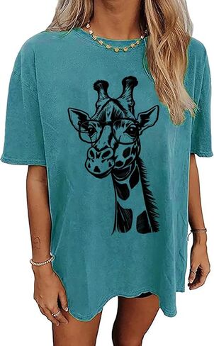 Oversized Graphic Tshirts for Women Animal Print Tops Funny Tiger Giraffe Printed Shirt 2025 in Saudi Arabia