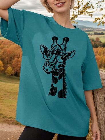 Oversized Graphic Tshirts for Women Animal Print Tops Funny Tiger Giraffe Printed Shirt 2025 in Saudi Arabia