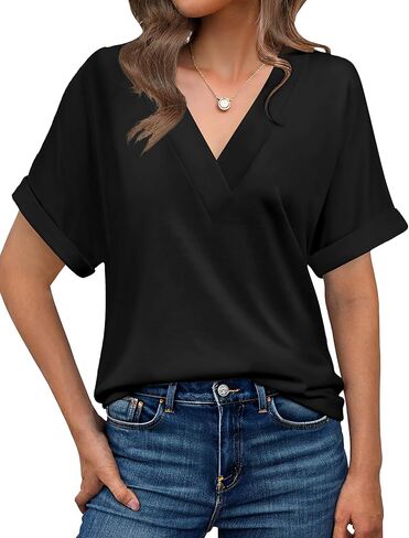 Womens Summer V-Neck Tees 2025- Lightweight Short Sleeve Tops with Soft Stretch | Trendy Casual T-Shirts for Spring & Summer in Saudi Arabia