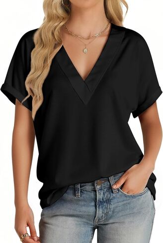 Womens Summer V-Neck Tees 2025- Lightweight Short Sleeve Tops with Soft Stretch | Trendy Casual T-Shirts for Spring & Summer in Saudi Arabia
