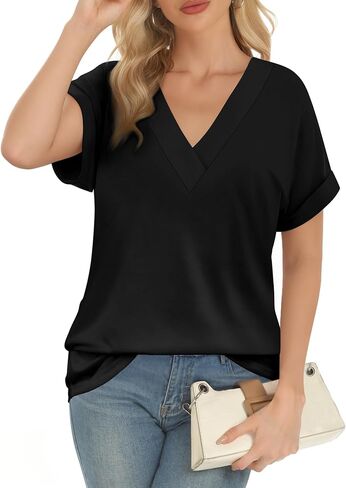 Womens Summer V-Neck Tees 2025- Lightweight Short Sleeve Tops with Soft Stretch | Trendy Casual T-Shirts for Spring & Summer in Saudi Arabia
