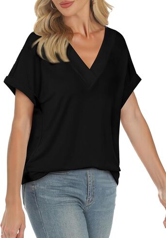 Womens Summer V-Neck Tees 2025- Lightweight Short Sleeve Tops with Soft Stretch | Trendy Casual T-Shirts for Spring & Summer in Saudi Arabia