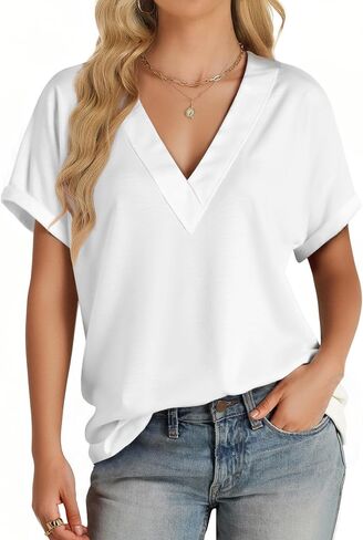 Womens Summer V-Neck Tees 2025- Lightweight Short Sleeve Tops with Soft Stretch | Trendy Casual T-Shirts for Spring & Summer in Saudi Arabia