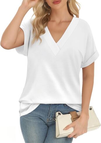 Womens Summer V-Neck Tees 2025- Lightweight Short Sleeve Tops with Soft Stretch | Trendy Casual T-Shirts for Spring & Summer in Saudi Arabia