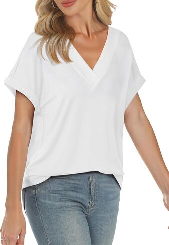 Womens Summer V-Neck Tees 2025- Lightweight Short Sleeve Tops with Soft Stretch | Trendy Casual T-Shirts for Spring & Summer in Saudi Arabia