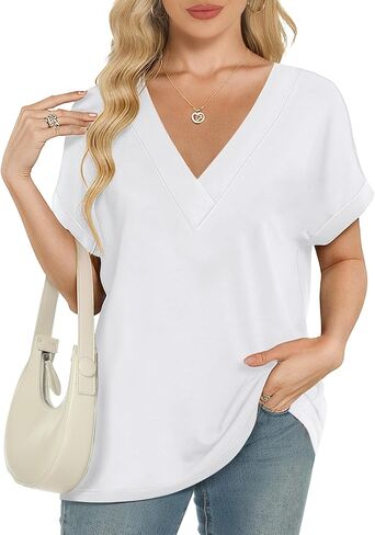 Womens Summer V-Neck Tees 2025- Lightweight Short Sleeve Tops with Soft Stretch | Trendy Casual T-Shirts for Spring & Summer in Saudi Arabia