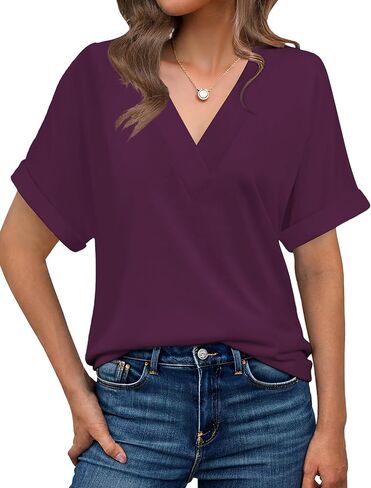Womens Summer V-Neck Tees 2025- Lightweight Short Sleeve Tops with Soft Stretch | Trendy Casual T-Shirts for Spring & Summer in Saudi Arabia