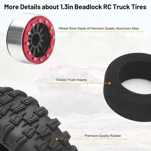 daitoku 1.3 Beadlock Wheels and Tires 1.3" Wheel Tires Set for 1/18 1/24 Trx4m SCX24 RC Crawler Car (4PCS) - Black in Kuwait