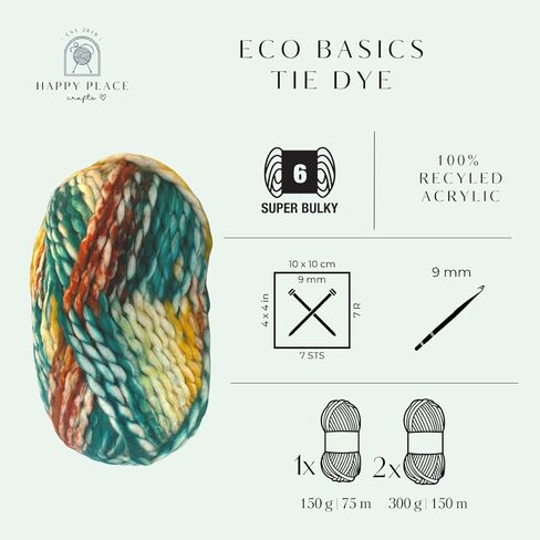 2PK Eco Basics Tie Dye Yarn for Knitting and Crocheting, Multicolor, Recycled Acrylic, Eco-Friendly, Giant Chunky Yarn, Rainbow, Jumbo, Thick Blanket Yarn, Total 300g, 150m (Retro Pink) in Kuwait