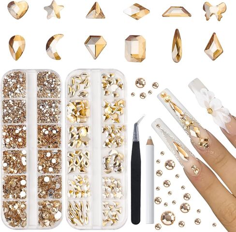 Canvalite 2518Pcs Rhinestones Nail Gems, 12 Styles 3D Glass AB Crystals Charms Shiny Multi Shape Flatback Nail Rhinestones for Nail Art with Picker and Tweezers for DIY Nail Art in Saudi Arabia