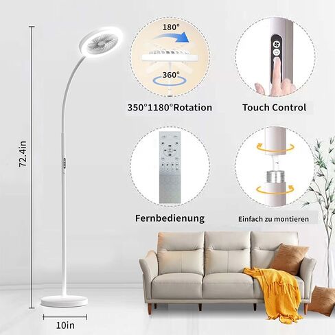 مصباح أرضي مع ضوء مروحة مروحة مع مصباح أرضي LED RGB 18 وات/1500 لومن، لون قابل للتعديل بدون خطوات 3000K-6000K، تحكم عن بعد وزر، مصباح معقوفة قابل للتعديل (أسود) in Saudi Arabia
