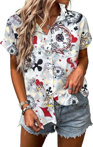 Alice in Wonderland Shirt Women Mad Tea Party Shirts Vacation Button up Tshirt Cute Fairy Tale Graphic Tee Tops in Saudi Arabia
