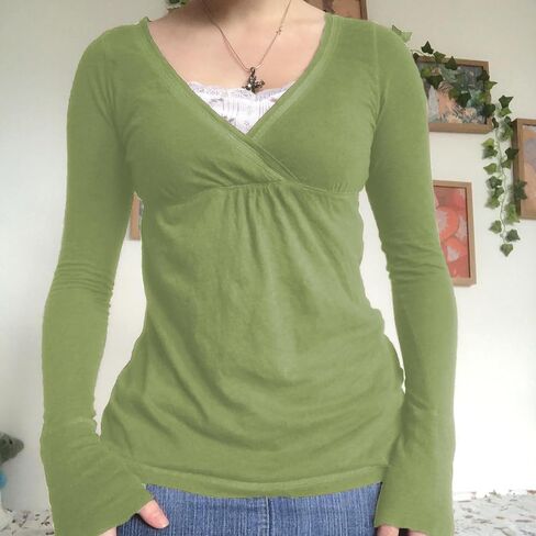 Women Girls Wrap V-Neck Going Out Tops Solid Color Fairy Grunge Long Sleeve Top Y2K Shirts Streetwear in Kuwait
