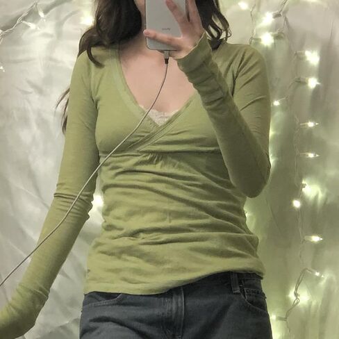 Women Girls Wrap V-Neck Going Out Tops Solid Color Fairy Grunge Long Sleeve Top Y2K Shirts Streetwear in Kuwait