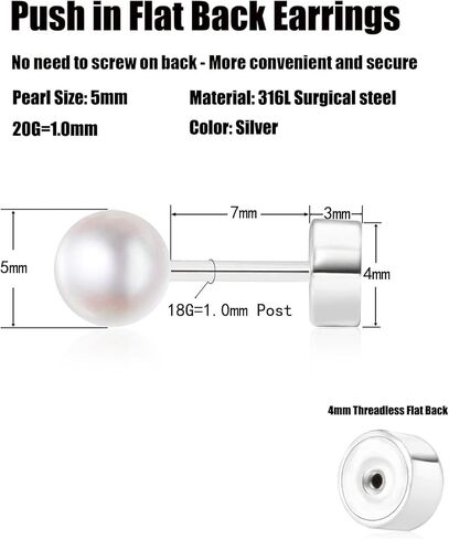 Threadless Flat Back Pearl Earrings, 14K Gold Plated Pearl Stud Earrings Hypoallergenic | Cartilage Earring | Helix Piercing Jewelry | Tragus Piercing Jewelry | Push in Flatback Earrings for Women Men in Kuwait