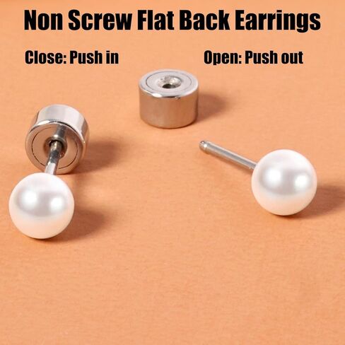 Threadless Flat Back Pearl Earrings, 14K Gold Plated Pearl Stud Earrings Hypoallergenic | Cartilage Earring | Helix Piercing Jewelry | Tragus Piercing Jewelry | Push in Flatback Earrings for Women Men in Kuwait