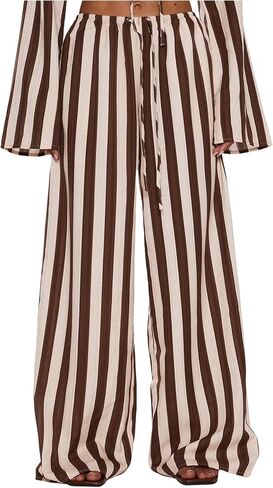 MakeMeChic Women's Linen Striped Pants Wide Leg Tie Front Elastic Waist Trousers in Kuwait