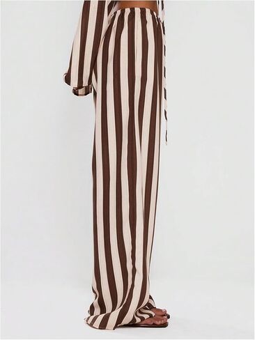 MakeMeChic Women's Linen Striped Pants Wide Leg Tie Front Elastic Waist Trousers in Kuwait