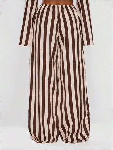 MakeMeChic Women's Linen Striped Pants Wide Leg Tie Front Elastic Waist Trousers in Kuwait