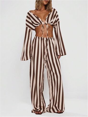 MakeMeChic Women's Linen Striped Pants Wide Leg Tie Front Elastic Waist Trousers in Kuwait