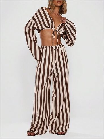 MakeMeChic Women's Linen Striped Pants Wide Leg Tie Front Elastic Waist Trousers in Kuwait