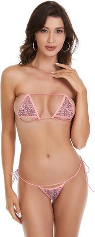 Sequin Bikini Set for Women Shiny Extreme Sexy See Through Swimsuit Spaghetti Strap Mini Bikini Bathing Suits in Kuwait